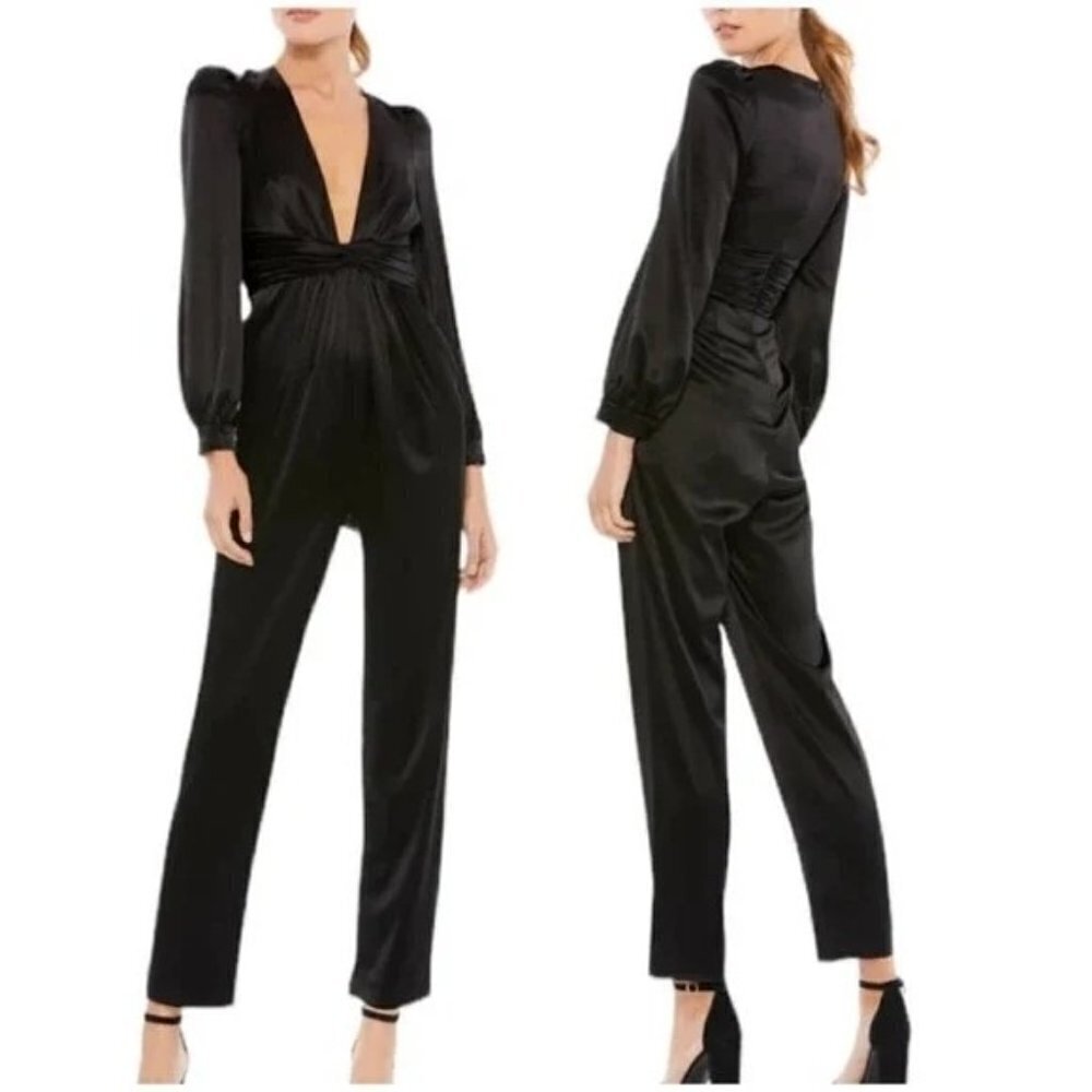 Mac Duggal 2647 Black Satin Long Sleeve Plunge Neck Jumpsuit Size 4 NWT